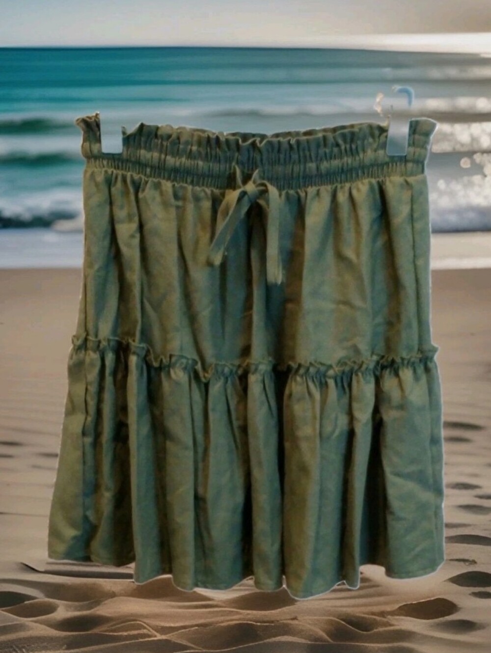 Zenana NWT Olive Green Linen Blend Ruffle Mini Skirt Women's Small Boho Cottage